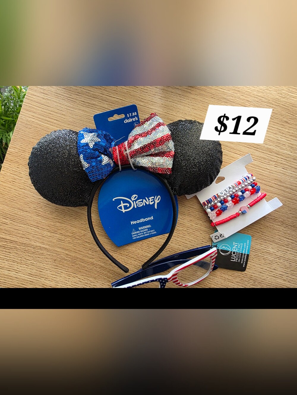 Disney Black Minnie Ears Headband, Glasses, and Bracelet Perfect for 4th of July